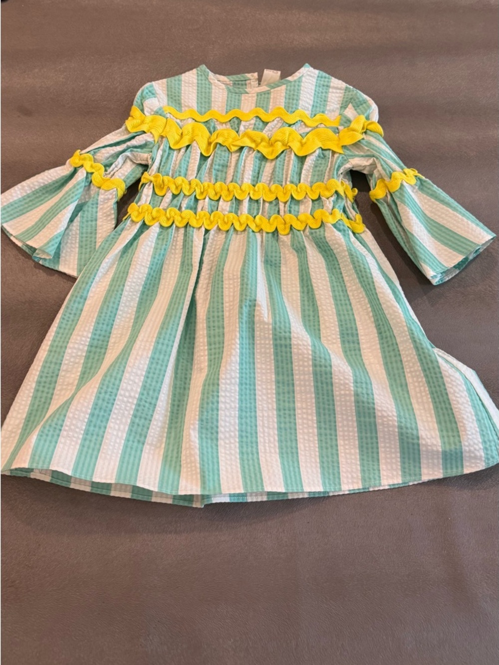 Tia Cibani Girls' Mint and White Striped Summer Dress with Yellow Trim. Size 2